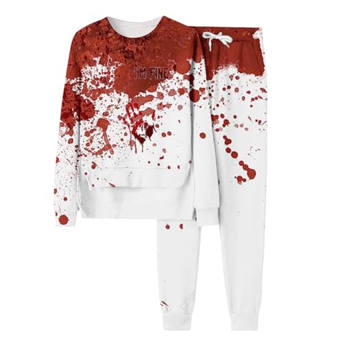 Sweatsuit Damen, Pullover und Freizeithose, Sweatshirt Set Horror Blut Verletzung Sportanzug Rund Ausschnitt 2 Teiler Sweatsuit Set Locker Lässiges Hausanzug Halloween Mode Sport Outfit Jogger von Eauptffy