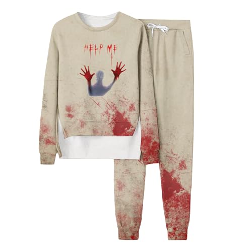 Sweatsuit Damen, Sweatshirt und Sweathosen, Sweatshirt Anzug Horror mit Blutigem Print Trainingsanzug 2 Teiliges Rundhals Tracksuit Set Loose Freizeit Lounge Set Modern Halloween Sportswear Running von Eauptffy