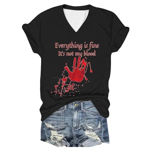 T Shirt Damen I'm Fine, Damen Kurzärmeliges T-Shirt, T Shirts Blood Entsetzen Sommershirts V-Ausschnit Kurzärmeliger Tee Tops mit Blut Bluse Bequemer Beiläufig Festlich Straßenkleidung Halloween von Eauptffy