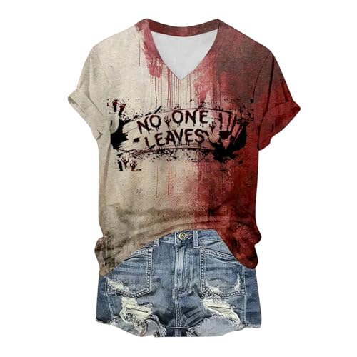 T Shirt Damen I'm Fine, Damen Oberteile Sommer, T Shirt Blutspritzer Entsetzen Shirt Kurzarm V-Ausschnitt Tee Tops mit Blutigem Print Blusen Komfort Lässiges Halloween-Kostüm von Eauptffy