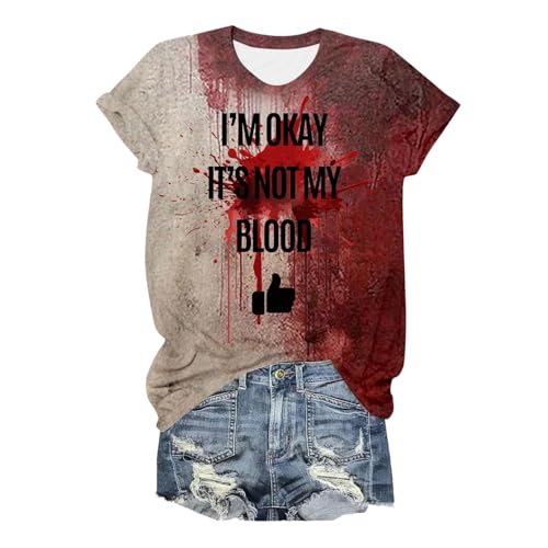 T Shirt Damen I'm Fine, Modische Oberteile Damen, T-Shirts Entsetzen Blutiges Shirts Rundhalsausschnitt Kurze Ärmel Tee Top mit Blood Drucken Sommerblusen Lässige Leichte Halloween Kostüm von Eauptffy