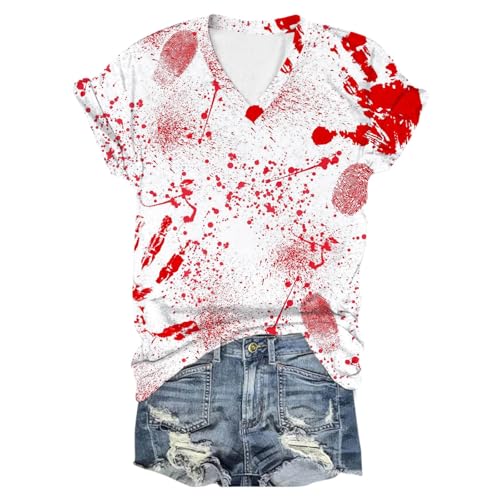 T Shirt Damen I'm Fine, T-Shirt Damen Sommer, T Shirt Blutiges Entsetzen Shirts Kurze Ärmel V-Ausschnit Top mit Blood Drucken Sommerblusen Leicht Lässiger Festlich Straßenkleidung Halloween von Eauptffy