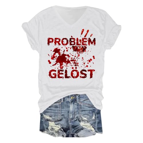 Tshirt Problem Gelöst Blutig, Tshirt Damen Sommer, Oberteil Blut Verletzung Entsetzen Sommershirt V Ausschnitt Kurzärmeliger Tee Top mit Blut Blusen Lässiger Komfort Halloween-Kostüm von Eauptffy