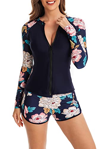 Ecupper Damen Badeanzug Zweiteilige Rash Guard Set Full Zip Lange Ärmel Swim Shirt mit Boyshort Surfanzug Badeanzug mit Brustpolster Marineblau-C XL von Ecupper