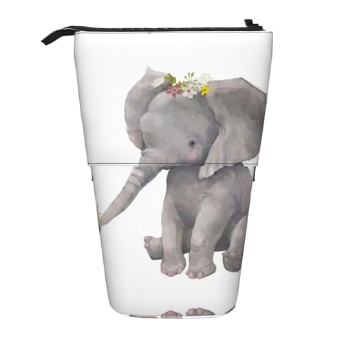 Niedlicher Elefant mit Kranz und kleiner Ente Druck, niedliches stehendes Federmäppchen, Pop-Up-Bleistiftbox, Make-up-Tasche, Teleskop-Federmäppchen, Schwarz , Einheitsgröße, Taschen-Organizer von EdWal