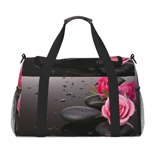 Wellness-Wochenendtasche mit Stein- und Rosenblumen-Druck, Reisetasche, Reisezubehör, persönliche Gegenstände, Reisetasche, Gepäck, Reisezubehör, Schwarz , Einheitsgröße von EdWal