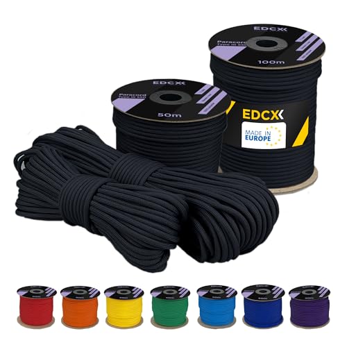 EdcX 4 mm Polyester Paracord 550 25+ Farben (15, 30 und 50 m) – Typ III, 100% Nylonseil, 7 Litzen Seil, 4mm Nylonseil in vielen Farben | Solid Colors (Black, 15 m) von EdcX