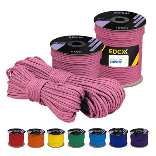 EdcX 4 mm Polyester Paracord 550 25+ Farben (15, 30 und 50 m) – Typ III, 100% Nylonseil, 7 Litzen Seil, 4mm Nylonseil in vielen Farben | Solid Colors (Pink, 15 m) von EdcX