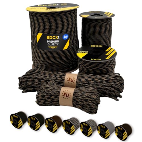 EdcX Paracord 4 mm, 20+ Militärfarben (15 m, 30 m, 50 m, 100 m, 300 m) | Ideal zum Basteln, Camping, Outdoor | 100% Nylonseil 4 mm | Taktische Kordel 550 Typ III (Coyote Black, 50 m) von EdcX