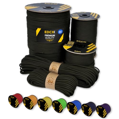 EdcX Paracord 4 mm, 35+ Volltonfarben (10 m, 15 m, 30 m, 50 m, 100 m, 300 m) | Ideal zum Basteln, Camping, Outdoor | 100% Nylonseil 4 mm| Taktische Schnur 550 Typ III (Army Green, 100 m) von EdcX