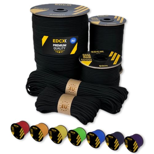 EdcX Paracord 4 mm, 35+ Volltonfarben (10 m, 15 m, 30 m, 50 m, 100 m, 300 m) | Ideal zum Basteln, Camping, Outdoor | 100% Nylonseil 4 mm| Taktische Schnur 550 Typ III (Black, 100 m) von EdcX