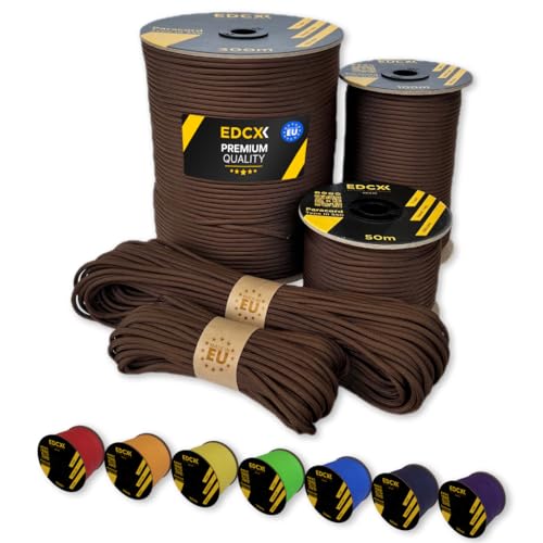 EdcX Paracord 4 mm, 35+ Volltonfarben (10 m, 15 m, 30 m, 50 m, 100 m, 300 m) | Ideal zum Basteln, Camping, Outdoor | 100% Nylonseil 4 mm| Taktische Schnur 550 Typ III (Chocolate, 100 m) von EdcX