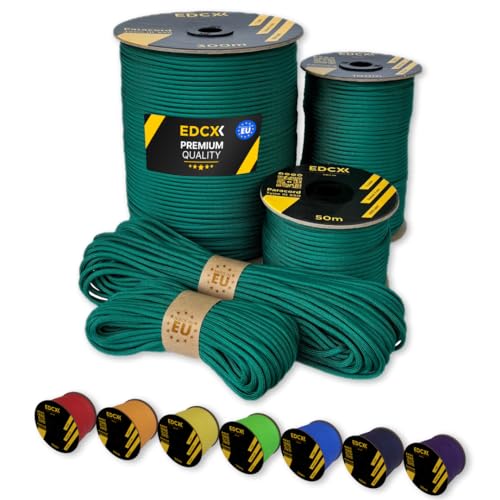 EdcX Paracord 4 mm, 35+ Volltonfarben (10 m, 15 m, 30 m, 50 m, 100 m, 300 m) | Ideal zum Basteln, Camping, Outdoor | 100% Nylonseil 4 mm| Taktische Schnur 550 Typ III (Emerald Green, 30 m) von EdcX