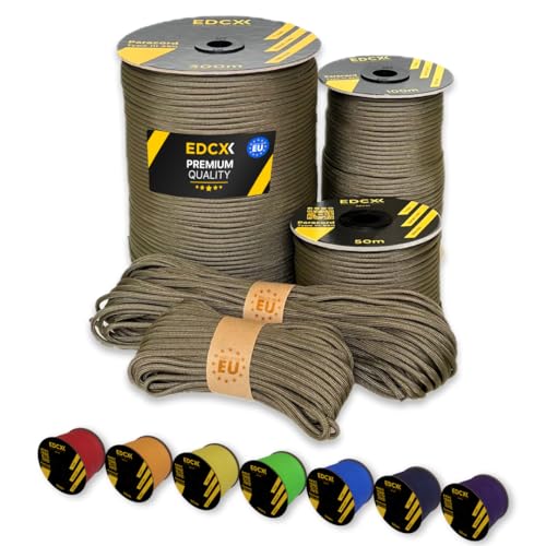 EdcX Paracord 4 mm, 35+ Volltonfarben (10 m, 15 m, 30 m, 50 m, 100 m, 300 m) | Ideal zum Basteln, Camping, Outdoor | 100% Nylonseil 4 mm| Taktische Schnur 550 Typ III (Light Khaki, 300 m) von EdcX