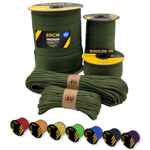 EdcX Paracord 4 mm, 35+ Volltonfarben (10 m, 15 m, 30 m, 50 m, 100 m, 300 m) | Ideal zum Basteln, Camping, Outdoor | 100% Nylonseil 4 mm| Taktische Schnur 550 Typ III (Moss, 15 m) von EdcX