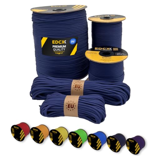 EdcX Paracord 4 mm, 35+ Volltonfarben (10 m, 15 m, 30 m, 50 m, 100 m, 300 m) | Ideal zum Basteln, Camping, Outdoor | 100% Nylonseil 4 mm| Taktische Schnur 550 Typ III (Navy Blue, 30 m) von EdcX