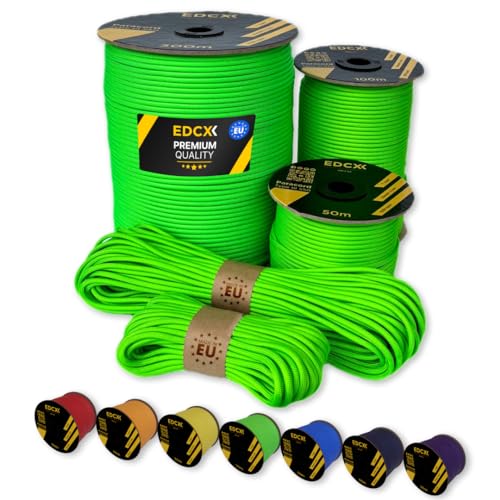 EdcX Paracord 4 mm, 35+ Volltonfarben (10 m, 15 m, 30 m, 50 m, 100 m, 300 m) | Ideal zum Basteln, Camping, Outdoor | 100% Nylonseil 4 mm| Taktische Schnur 550 Typ III (Neon Green, 300 m) von EdcX