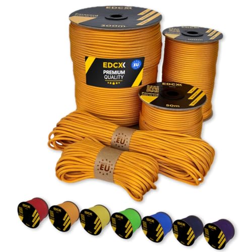 EdcX Paracord 4 mm, 35+ Volltonfarben (10 m, 15 m, 30 m, 50 m, 100 m, 300 m) | Ideal zum Basteln, Camping, Outdoor | 100% Nylonseil 4 mm| Taktische Schnur 550 Typ III (Orange Yellow, 100 m) von EdcX