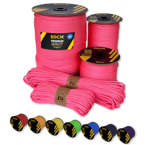 EdcX Paracord 4 mm, 35+ Volltonfarben (10 m, 15 m, 30 m, 50 m, 100 m, 300 m) | Ideal zum Basteln, Camping, Outdoor | 100% Nylonseil 4 mm| Taktische Schnur 550 Typ III (Pastel Pink, 15 m) von EdcX