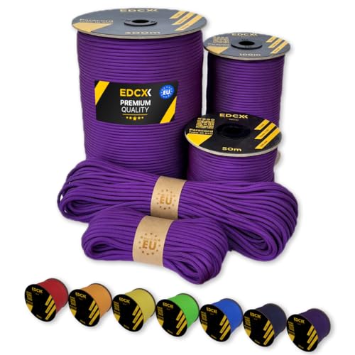 EdcX Paracord 4 mm, 35+ Volltonfarben (10 m, 15 m, 30 m, 50 m, 100 m, 300 m) | Ideal zum Basteln, Camping, Outdoor | 100% Nylonseil 4 mm| Taktische Schnur 550 Typ III (Purple, 15 m) von EdcX