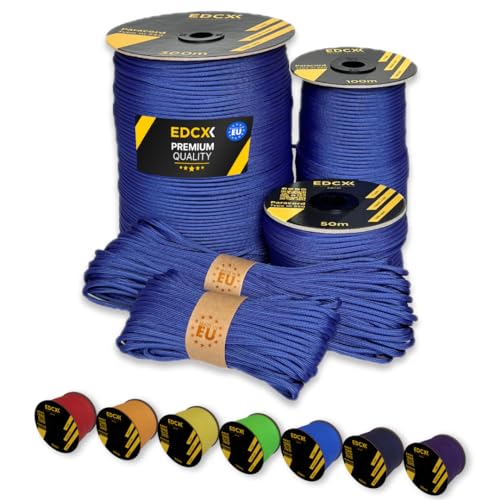 EdcX Paracord 4 mm, 35+ Volltonfarben (10 m, 15 m, 30 m, 50 m, 100 m, 300 m) | Ideal zum Basteln, Camping, Outdoor | 100% Nylonseil 4 mm| Taktische Schnur 550 Typ III (Royal Blue, 100 m) von EdcX