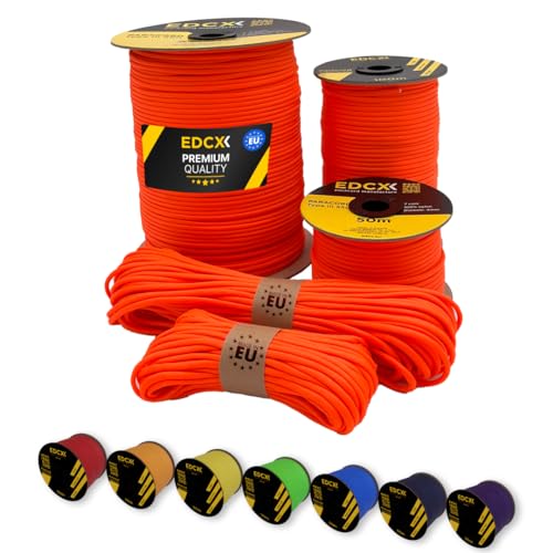 EdcX Paracord 4 mm, 35+ Volltonfarben (10 m, 15 m, 30 m, 50 m, 100 m, 300 m) | Ideal zum Basteln, Camping, Outdoor | 100% Nylonseil 4 mm| Taktische Schnur 550 Typ III (Sofit Orange, 100 m) von EdcX