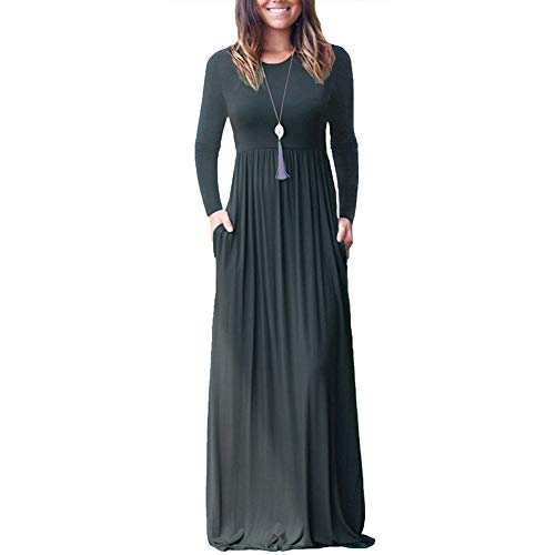 Egurs Frauen Plus Size Langarm Kleid Casual Plain Lose Einfarbig Bodenlangen langen Maxi Kleider mit Taschen von Egurs