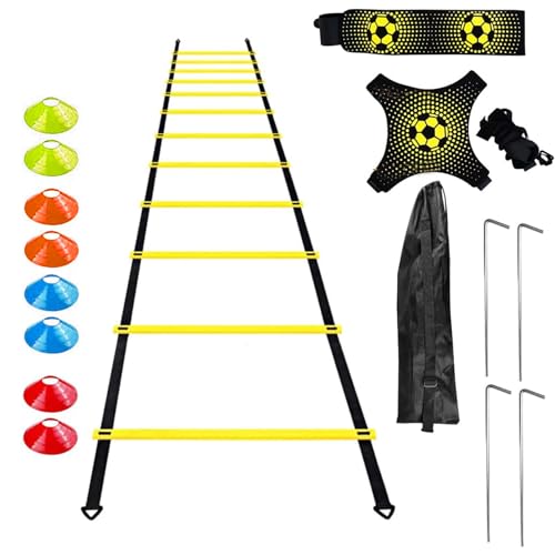 Fussball Trainingszubehör, 6m Trainingsleiter Koordinationsleiter Kinder mit 10 Hütchen 4 Pfählen 1 Fußball-Kicktrainer, Trainingsset Equipment Zubehör mit Tragetasche für Fußballtraining und Basketba Fussball Trainingszubehör, 6m Trainingsleiter Koordinationsleiter Kinder mit 10 Hütchen 4 Pfählen 1 Fußball-Kicktrainer, Trainingsset Equipment Zubehör mit Tragetasche für Fußballtraining und Basketba von Ehuihuan