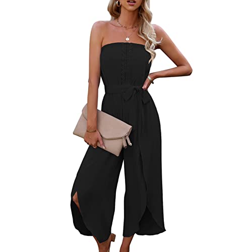 Ejoyous Damen Jumpsuit Ärmellos elegant Overall Damen trägerloser Kurzärmeliger Jumpsuit Strapless Jumpsuit Tube Top Jumpsuit Off Shoulder Jumpsuit Weites Bein(L-Schwarz) von Ejoyous