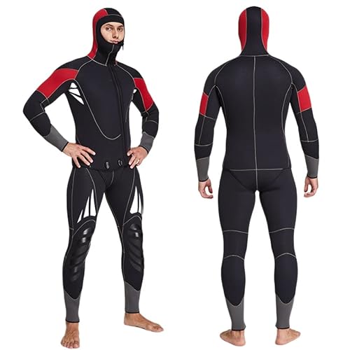 Herren Neoprenanzug 5 mm Tauchanzug, Plüsch und verdickter warmer und kältebeständiger Neoprenanzug, Jumpsuit, Weste, geteilte Kapuze, zweiteiliger Tieftauch-Angelanzug (Rot, XL) von Elaineeu