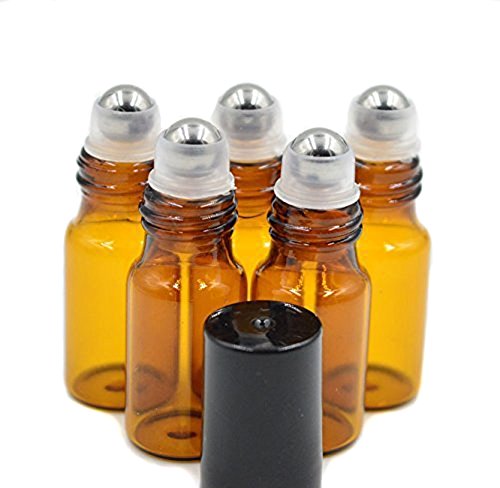24PCS 3ml/5ml(0.1oz/0.17oz) Amber Empty Glass Roller Bottle Roll-on Bottle Vial Container Holder Pot Jar with Metal Roller Ball and Black Caps for Essential Oil Perfumes Lip Gloss Balms (5ml) von Elandy