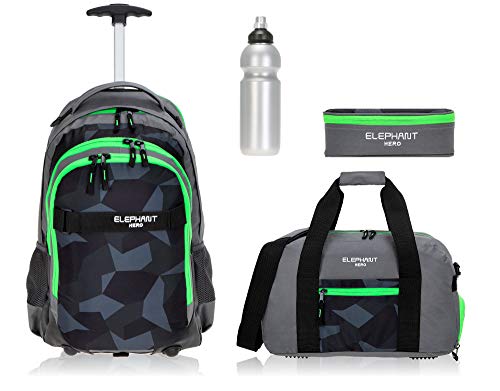 4 Teile Set Trolley Elephant Hero Signature Schultrolley Rucksack Trolly Sporttasche Mäppchen Flasche 12771 (Cyber Camo Grün) von Elephant