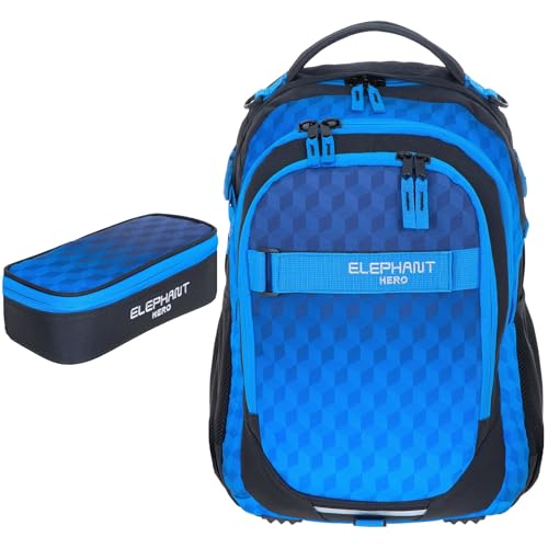 Elephant 2 Teile Set Rucksack Signature Hero Schulrucksack 12723 + Mäppchen Box (Dark Blue Cube 12868) von Elephant