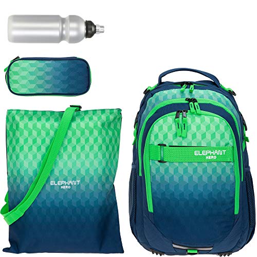 Elephant 4 Teile Set Rucksack Hero Signature Schulrucksack + Mäppchen + Beutel + Flasche rbmf (Cube Green Blue) von Elephant