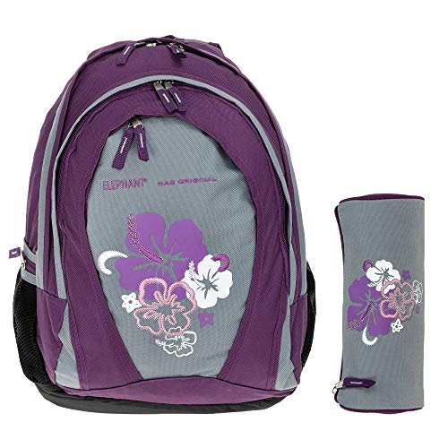 Schulrucksack Rucksack Mädchen Elephant Flower 2 Hauptfächer Polsterrücken 3813 + Mäppchen (Lila) von Elephant