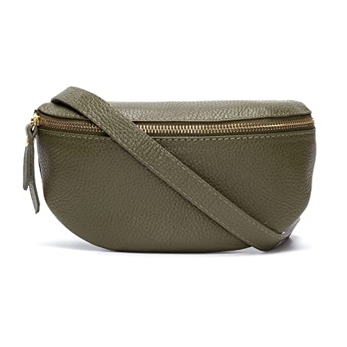 Ledertasche Sling-Tasche in Olive-Grün für Damen mit Reißverschluss und Abnehmbar Schultergurt, Bauchtasche Stylisch, 25 x 10 x 5.5 cm von Elie Beaumont