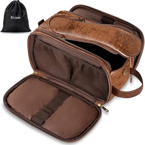 Elviros Kulturbeutel PU-Leder für Herren große wasserdichte Reise-Kulturtasche Waschtasche im Bade Kosmetiktasche mit einem Nass-Trockenbeutel, 24 x 15 x 16 cm, Dunkel Braun Elviros Kulturbeutel PU-Leder für Herren große wasserdichte Reise-Kulturtasche Waschtasche im Bade Kosmetiktasche mit einem Nass-Trockenbeutel, 24 x 15 x 16 cm, Dunkel Braun von Elviros