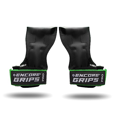 Encore Grips® Zughilfen für Krafttraining Fitness Bodybuilding Gewichteheben Kraftsport Lifting, mit Handgelenk Handbandage Gewichte Training Handschuhe Griffe Gym Equipment (Grün, L) von Encore Grips