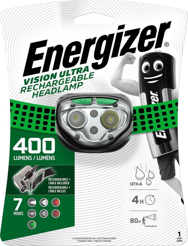 Energizer Kopflampe Vision Ultra Rechargeable 400 Lumen, über USB wiederaufladbar von Energizer