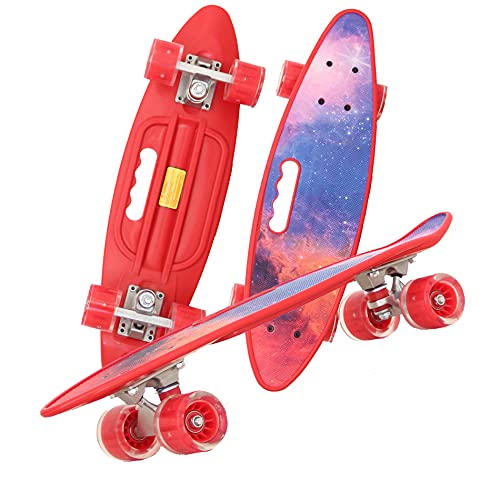 Mini Cruiser Retro Skateboard Komplettboard für Kinder Jugendliche mit LED Leuchtrollen und Tools für Anfänger (Sternenhimmel) von Enjoy Fit