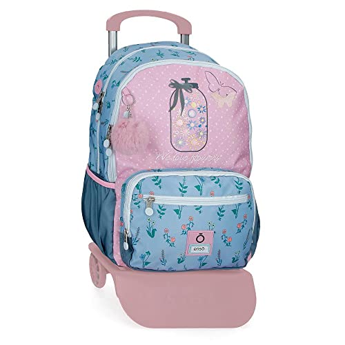 Enso We Love Flowers Schulrucksack, Doppelfach mit Trolley, Rosa, 32 x 44 x 17 cm, Polyester, 23,94 l, Rosa, Schulrucksack mit doppeltem Fach und Trolley von Enso