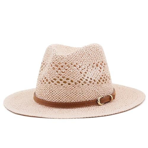 EnxJire Cowboy Hut Ausgehöhlter handgemachter Cowboy-Strohhut for Damen und Herren, Sommer, Outdoor, Reisen, Strand, Unisex, solide Western-Sonnenschutzkappe(Pink) von EnxJire