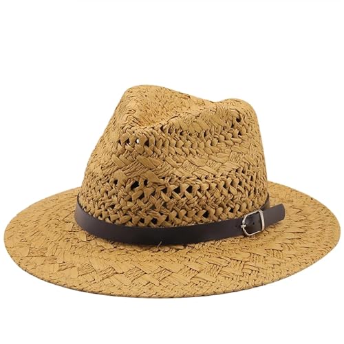 EnxJire Cowboy Hut Mann Stroh Sonnenhut breite Krempe Strand Faltbare Kappe Big Bone Männer Plus Größe Sommer Frauen Fedora Hut(Khaki) von EnxJire