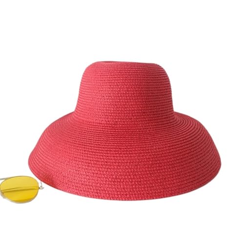 EnxJire Cowboy Hut Sommer Vintage Design Große Traufe Strohhut Frauen Mädchen Einfarbig Strand Urlaub Große Sonne(Red) von EnxJire