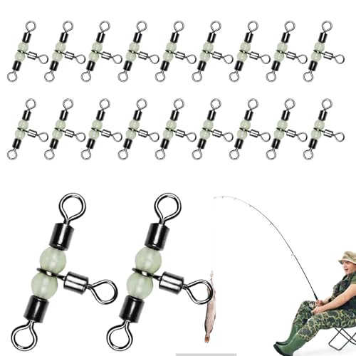 Eoixuqba DREI-Wege-Angelwirbel,DREI-Wege-Tonnenwirbel | 20X Wels-Rig-Wirbel mit leuchtenden Perlen,Hochleistungsverbinder in T-Form für Wels-Rigs und Angelzubehör von Eoixuqba