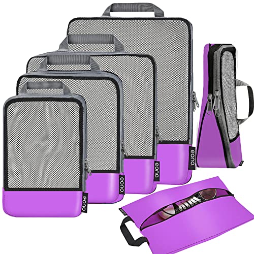 Eono Komprimierbaren Packwürfeln zur Organisation Ihres Reisegepäcks, Compression Packing Cube, Packtaschen Set and Gepäck Organizer für Rucksack & Koffer - Lila, 6-teilig von Eono