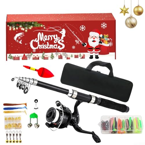 EpheyFIF Weihnachtsköderruten-Set Teleskop-Angelrute, Angelrolle und Rolle Set Köder Haken Tasche Angelausrüstung Kit Set Tragbare Angelrute Set Starter Kit von EpheyFIF