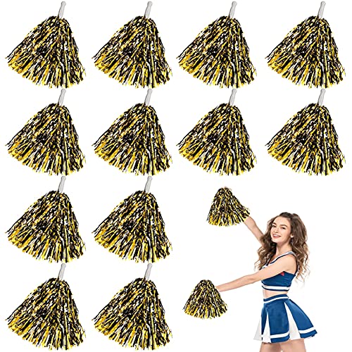 12 Stück Cheerleading Pom Poms, EsLuker.ly Metallisch Cheerleader Puschel Cheerleading Pompons für Sportveranstaltungen Tänze Ballspiele Sport Wettbewerb (Schwarz/Gold) von EsLuker.ly