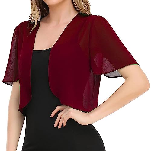 Women's Bolero,Damen-Kurzarm-Shrug Sommer-Chiffon-Bolero-Cardigan Stickerei-Jacke Kurz Vorne Offen Elegante Schulterjacke Durchsichtig Überzug Für Kleider Burgunderrot XL Women's Bolero,Damen-Kurzarm-Shrug Sommer-Chiffon-Bolero-Cardigan Stickerei-Jacke Kurz Vorne Offen Elegante Schulterjacke Durchsichtig Überzug Für Kleider Burgunderrot XL von EsUkar