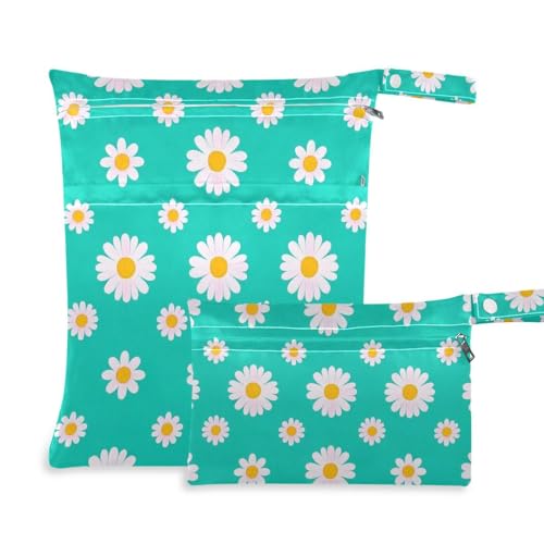 EtherSpher Lovely Daisy Floral Teal White Mess-proof Dry Bag Waterproof 2 Pack Wet Bag for swimsuit with handles for yoga, yoga von EtherSpher